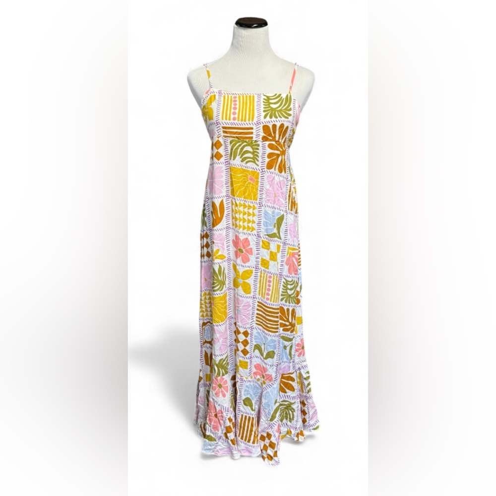 NWT Paper Heart Maxi Dress Patchwork Leaves Print Tie Back SZ M